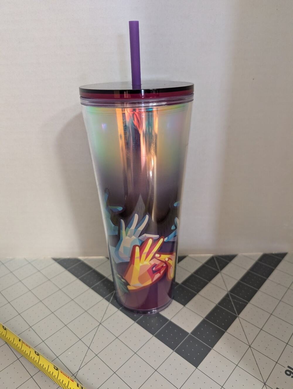 Starbucks 24oz Iridescent Holographic Sign Lang Hands Leaves Tumbler Cup Straw